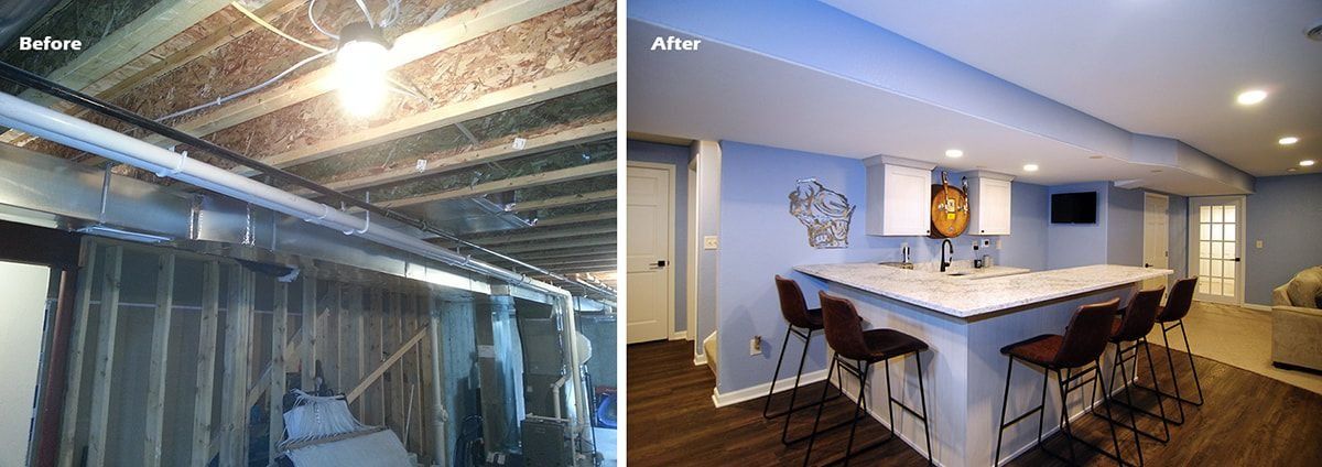 Before and after of a basement remodel. Shows exposed ceiling with pipes to finished kitchen with bar.