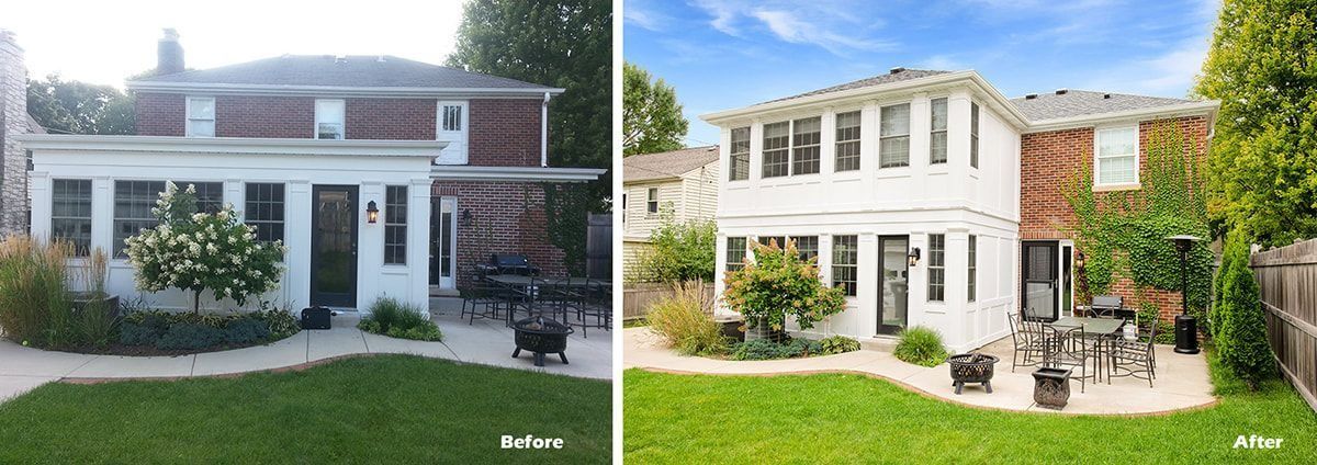 Before and after exterior of a house, white siding with red brick and patio.