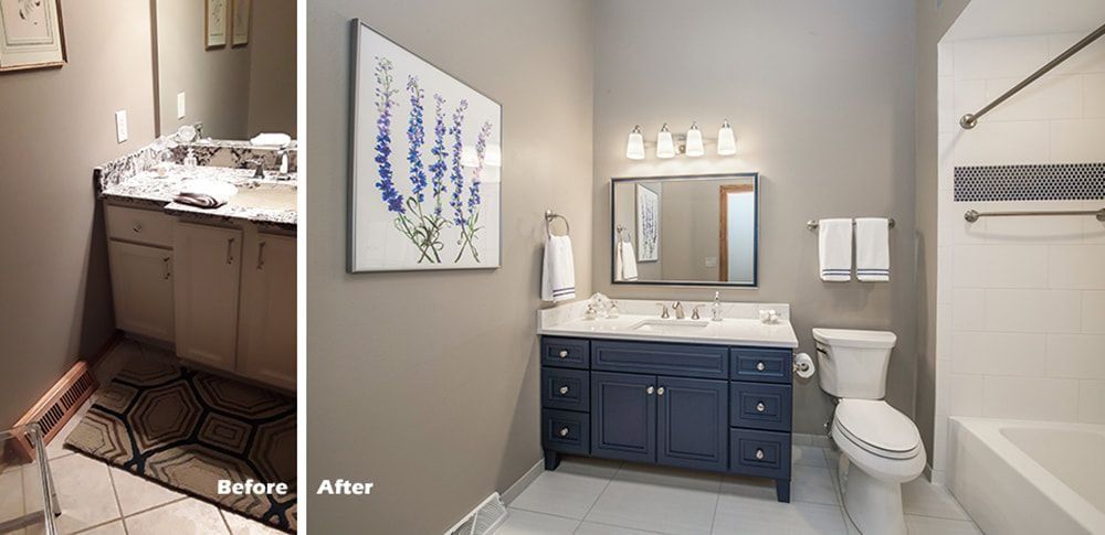 Bathroom remodel before and after. The updated space features a blue vanity, white fixtures, and lavender art.