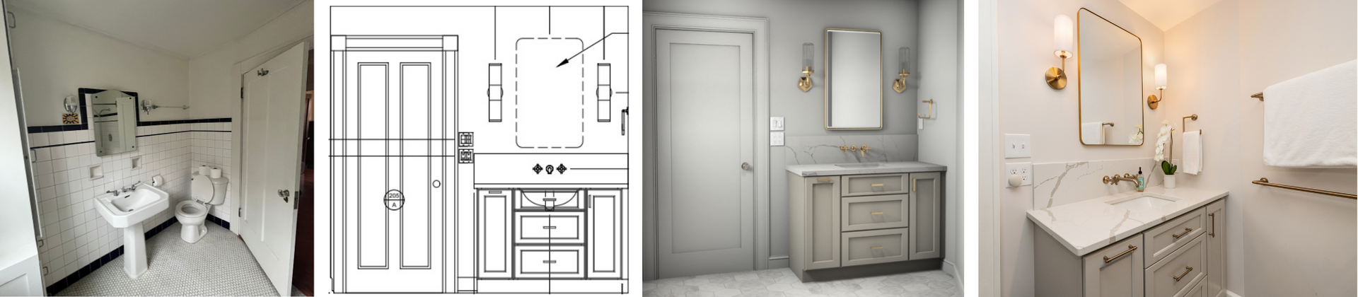 Bathroom design concepts: a toilet, blueprints, a gray vanity, and a bright vanity.