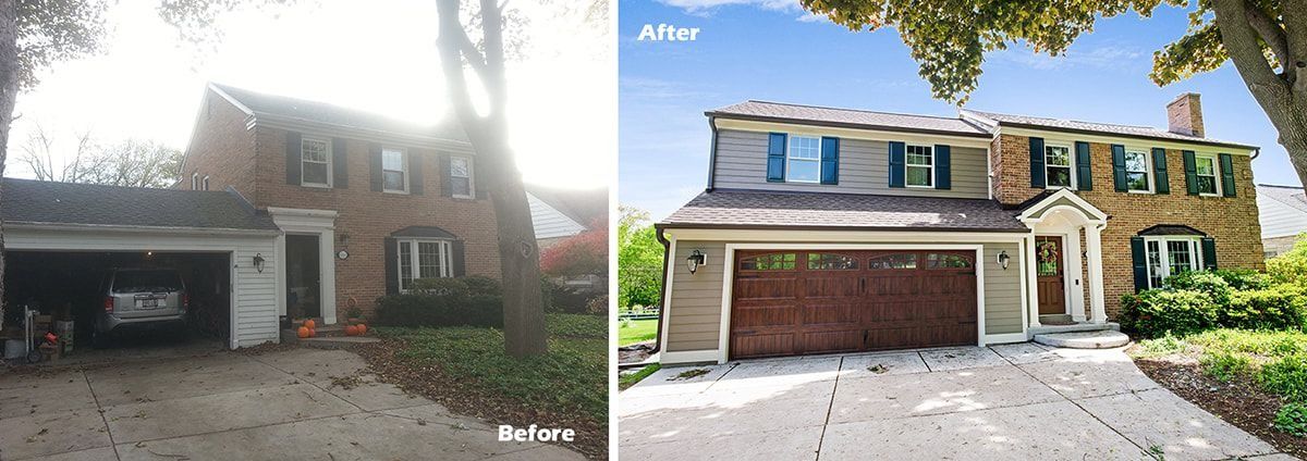 House exterior before and after renovation. Brick and siding with new garage door.