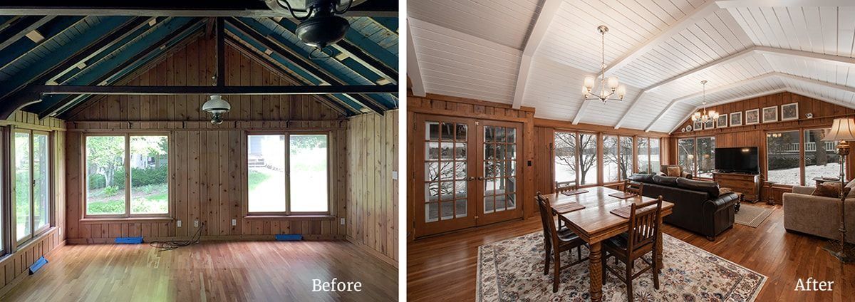 Before and after of a room renovation, showcasing a transformation from a dark, empty space to a bright, furnished living area.