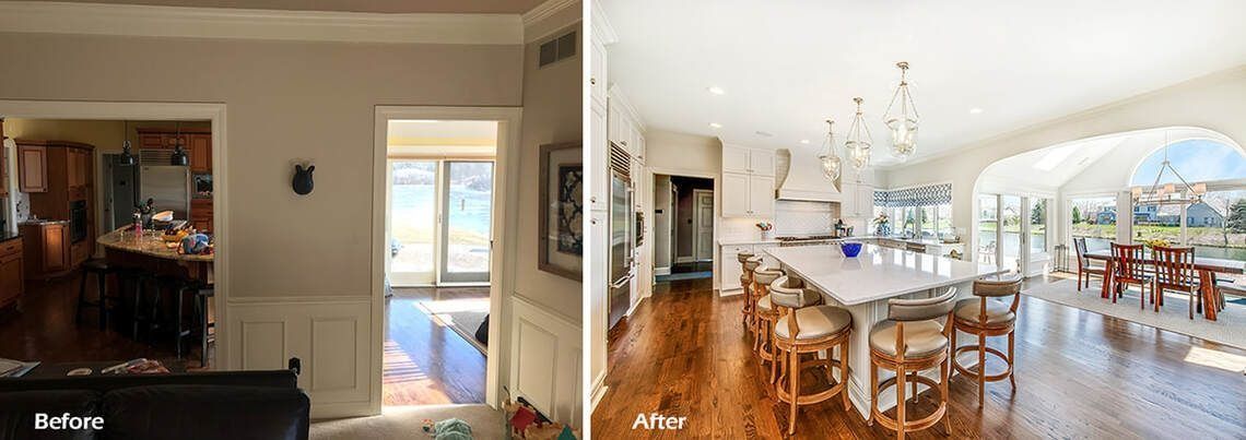 Before and after kitchen transformation: old, neutral space vs. bright, open modern kitchen with large island.