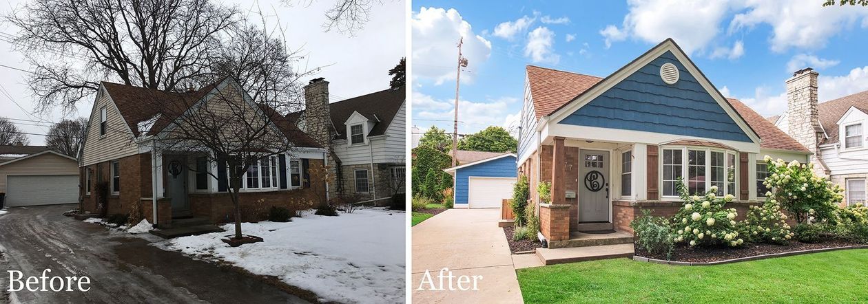 Before and after photo: house exterior renovation. Brick and blue siding with green lawn and blue sky.