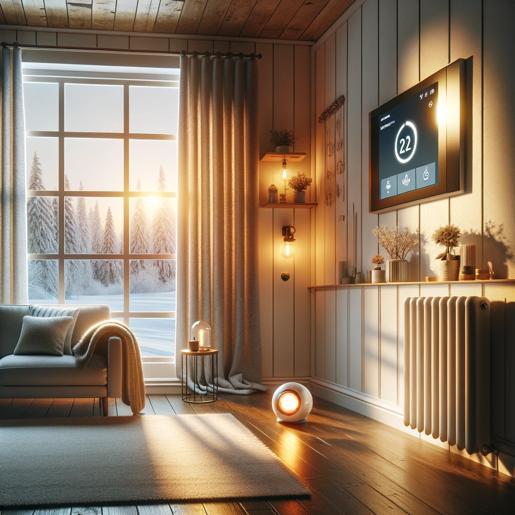 Cozy living room with a snowy view, sofa, curtains, and a smart home control screen. Soft lighting.