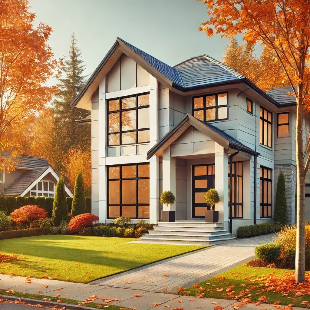 Modern two-story house with large windows, surrounded by autumn trees and a green lawn.