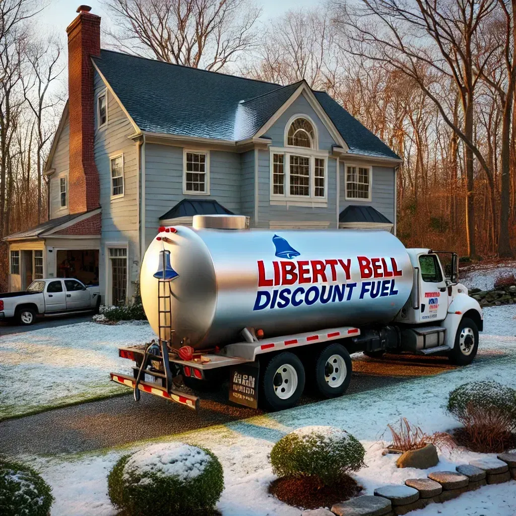 Fuel truck from Liberty Bell Discount Fuel parked in front of a house. Snowy yard; clear sky.