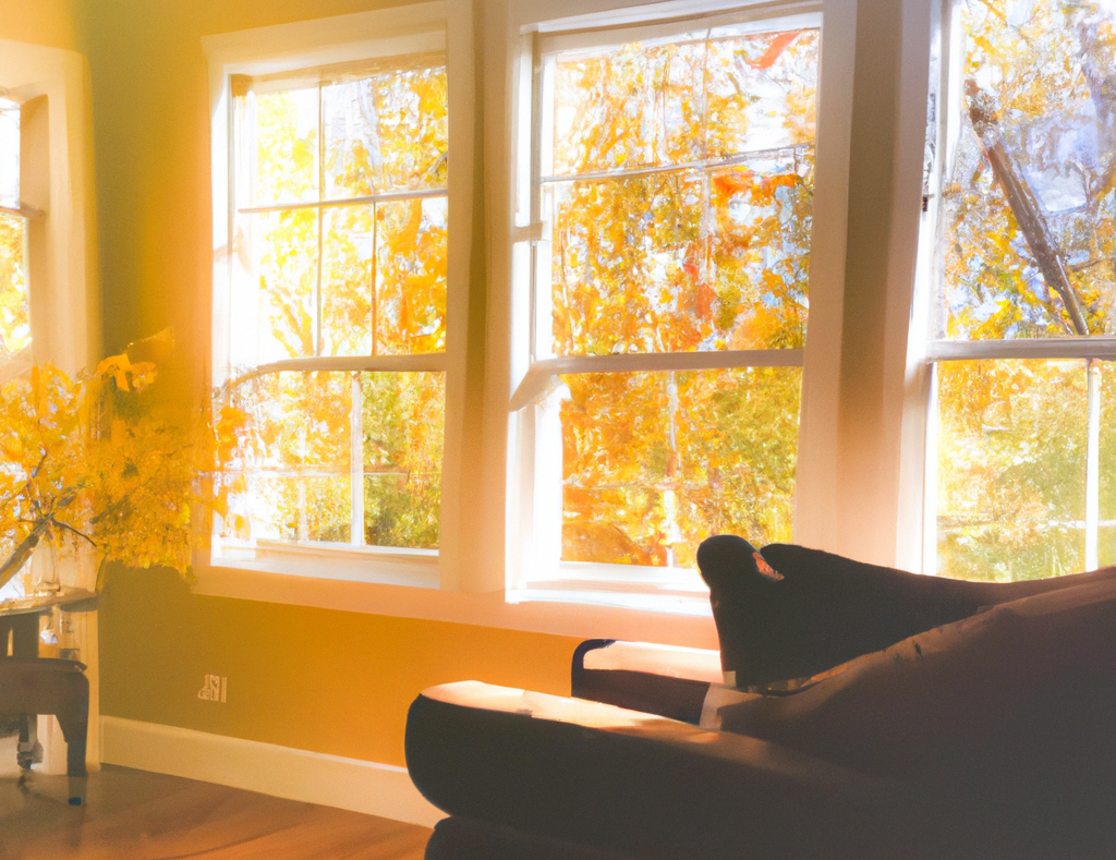 Living room interior with three white framed windows showing autumn foliage; brown sofa.
