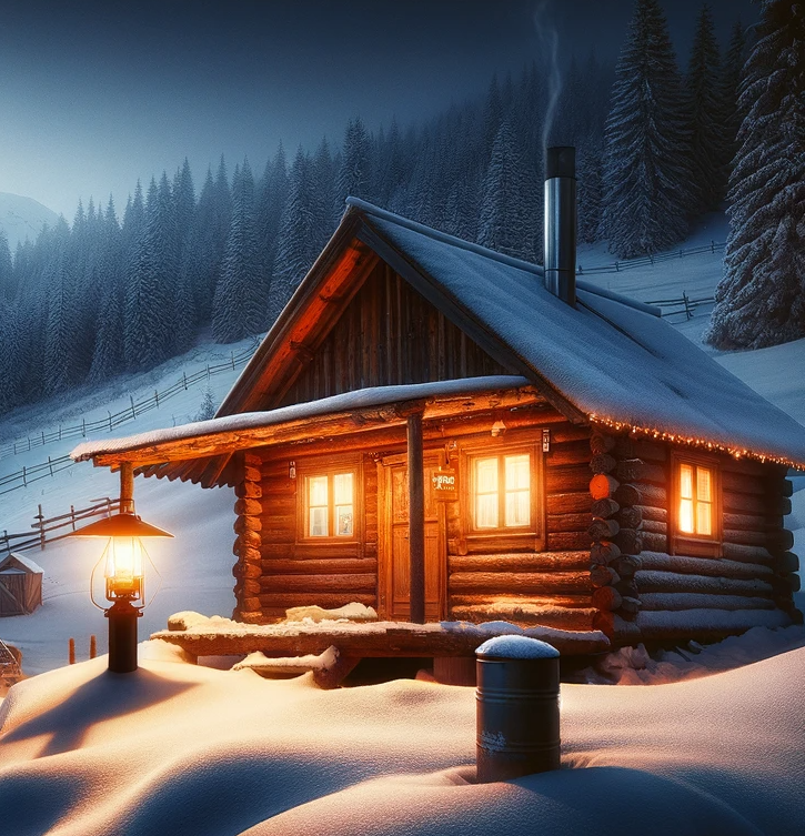 Wooden cabin in snow-covered mountains, lit windows and a lamp, with a smoking chimney at dusk.