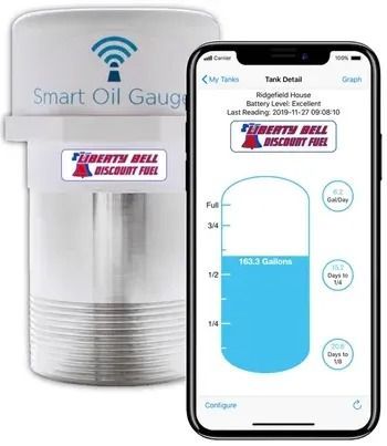 Smart oil gauge showing tank level on a phone screen. Blue fuel fill level, white device, and digital display.