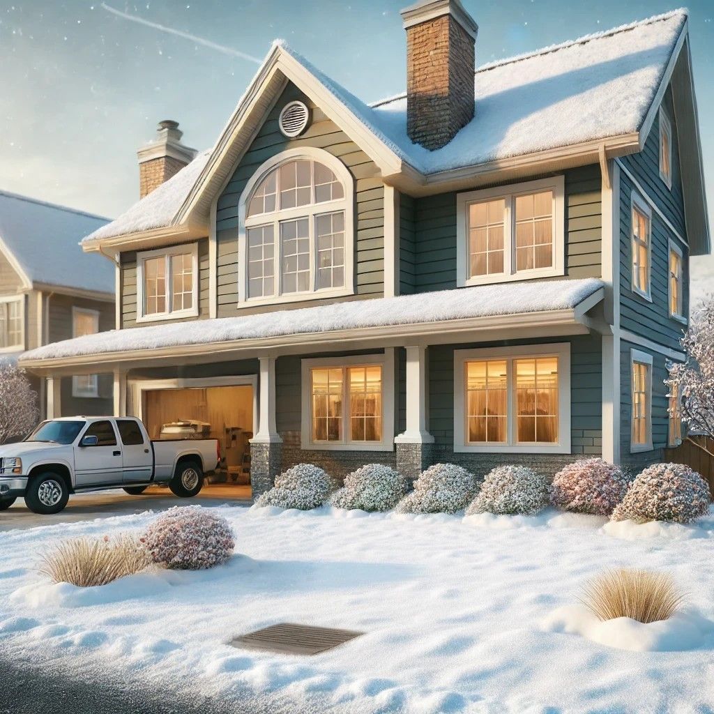 Snowy house with a white truck parked in the garage. Winter scene with shrubs and snow.
