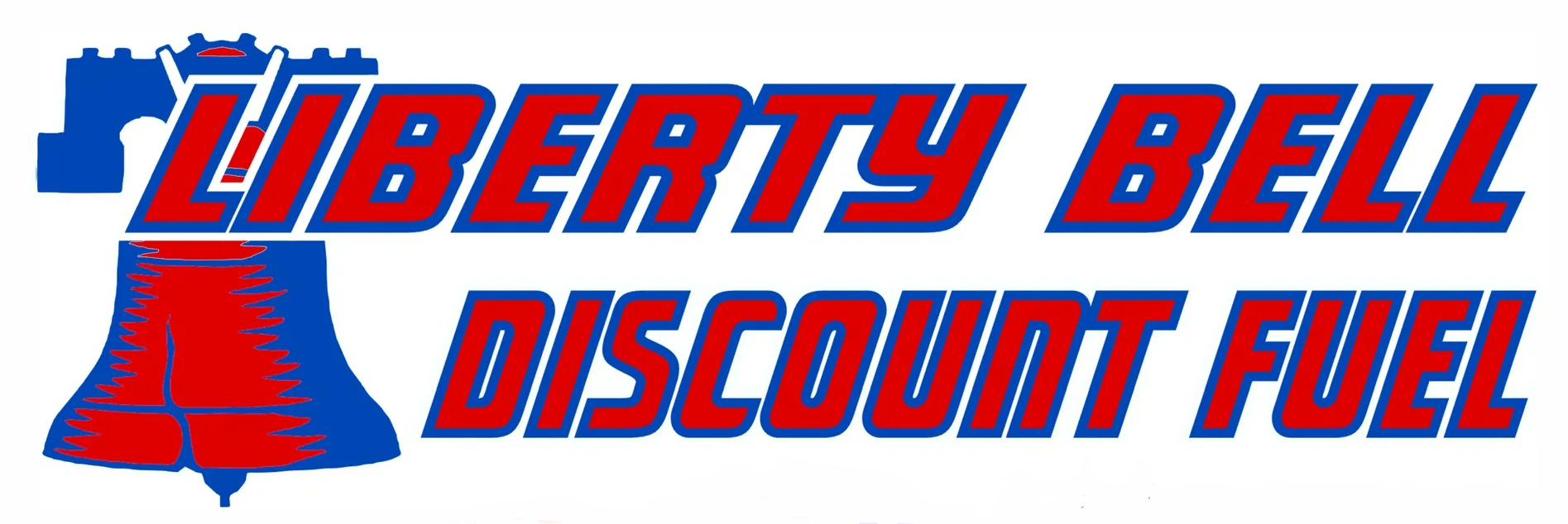 Liberty Bell Discount Fuel logo. Red text on a blue bell-shaped design.