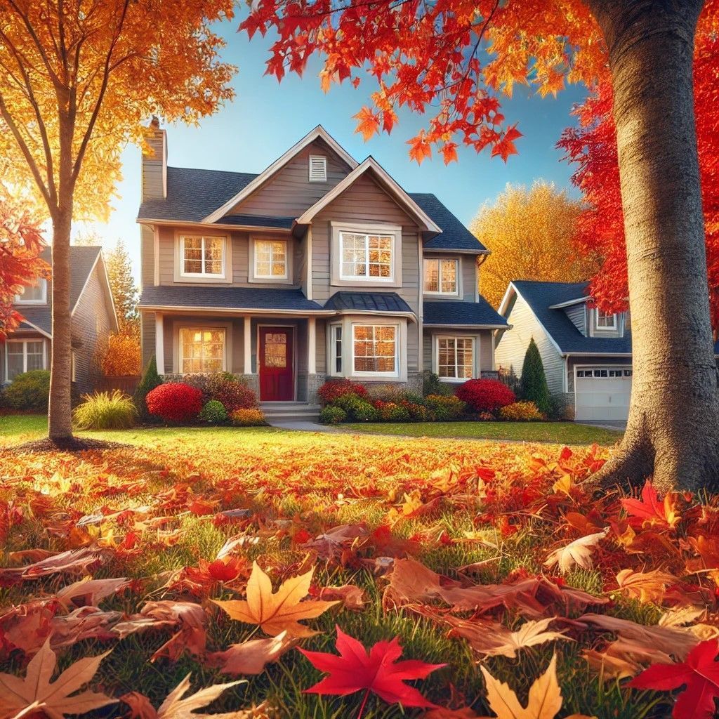 Two-story house with red door amidst fall foliage and scattered leaves. Sunny, autumn setting.