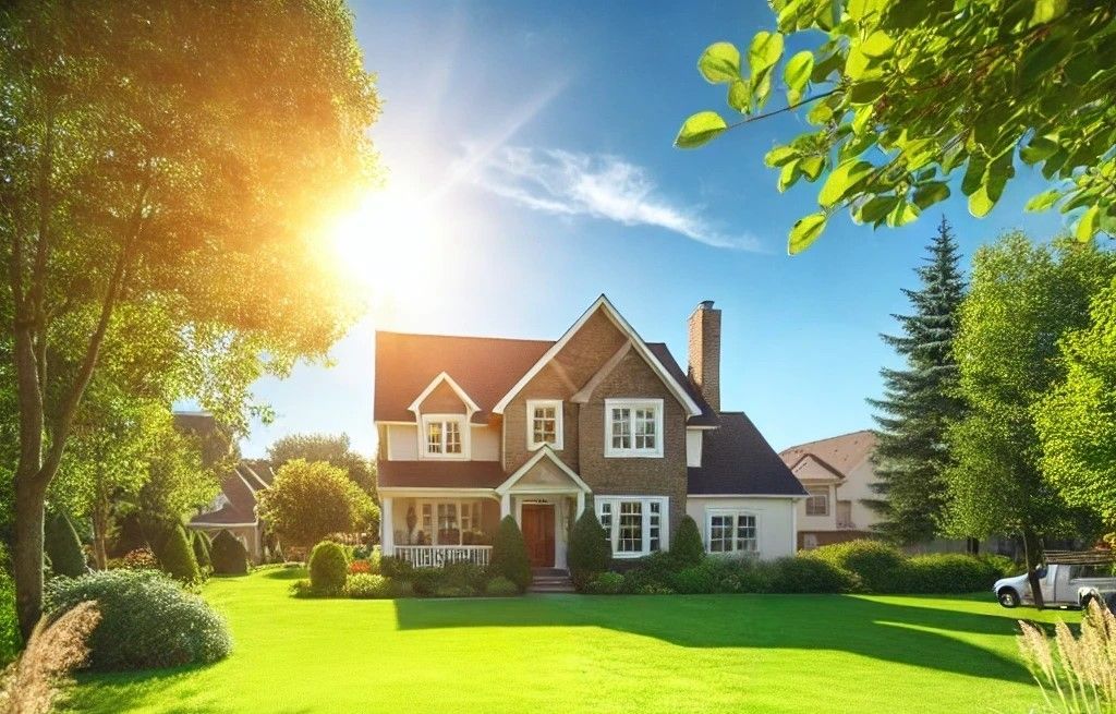 Two-story house with green lawn, trees, and bright sun on a clear blue day.