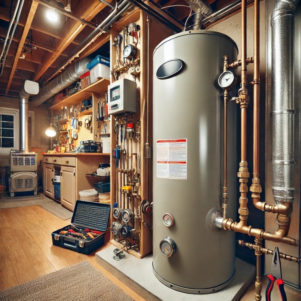 Basement with water heater, tools, and work bench. Copper pipes, gauges, and open toolbox.