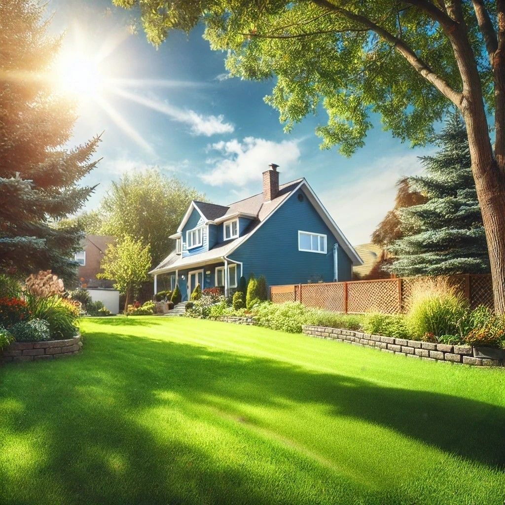 Blue house with a lush green lawn, trees, and sunny sky.