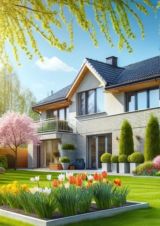Two-story house with green lawn, flower beds, and trees on a sunny day.