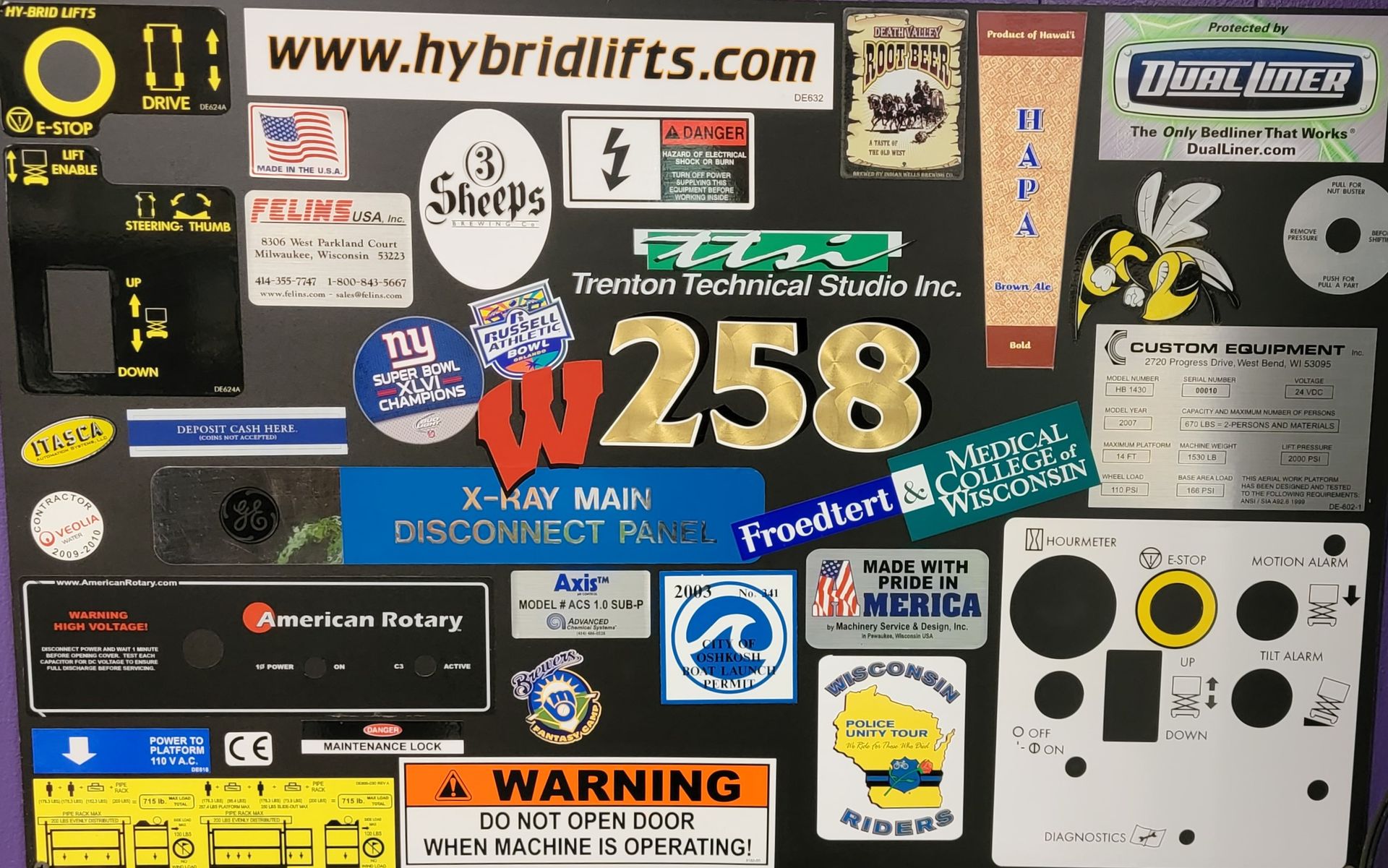 A bunch of stickers including one that says w258