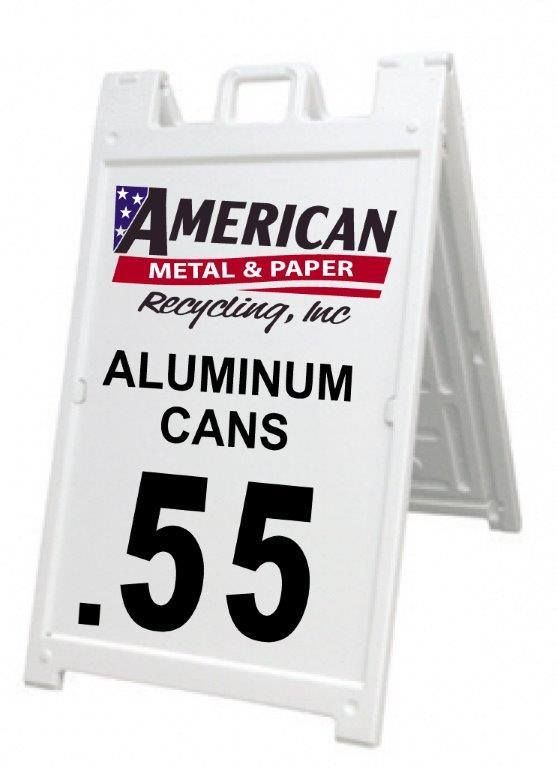 White sandwich board signs for American Metal & Paper Recycling, advertising .55 for aluminum cans.