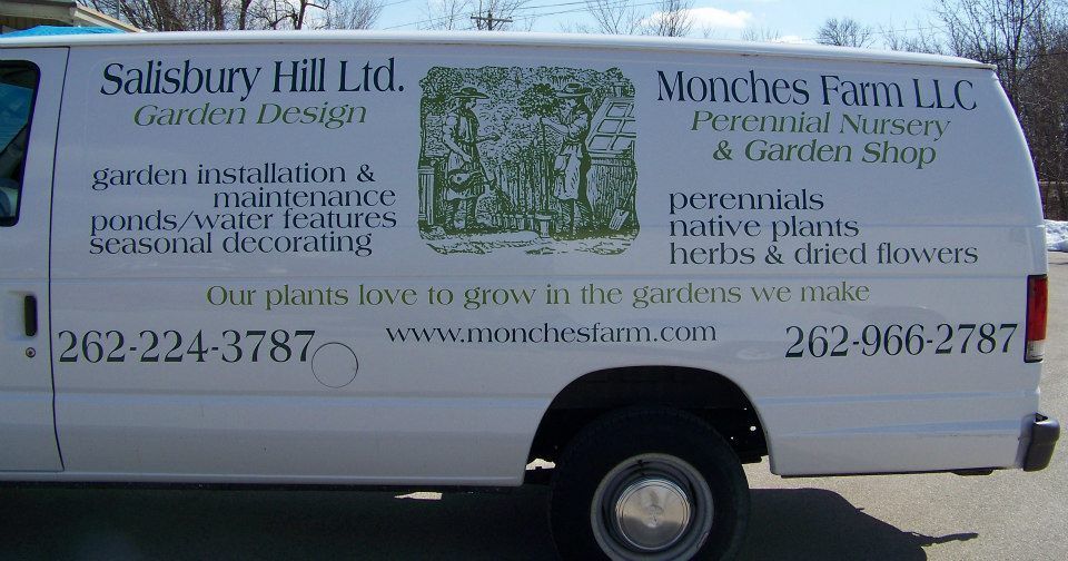 White van with business logos, Salisbury Hill Ltd., Garden Design, and Monches Farm LLC. Perennial Nursery & Garden Shop with contact info.