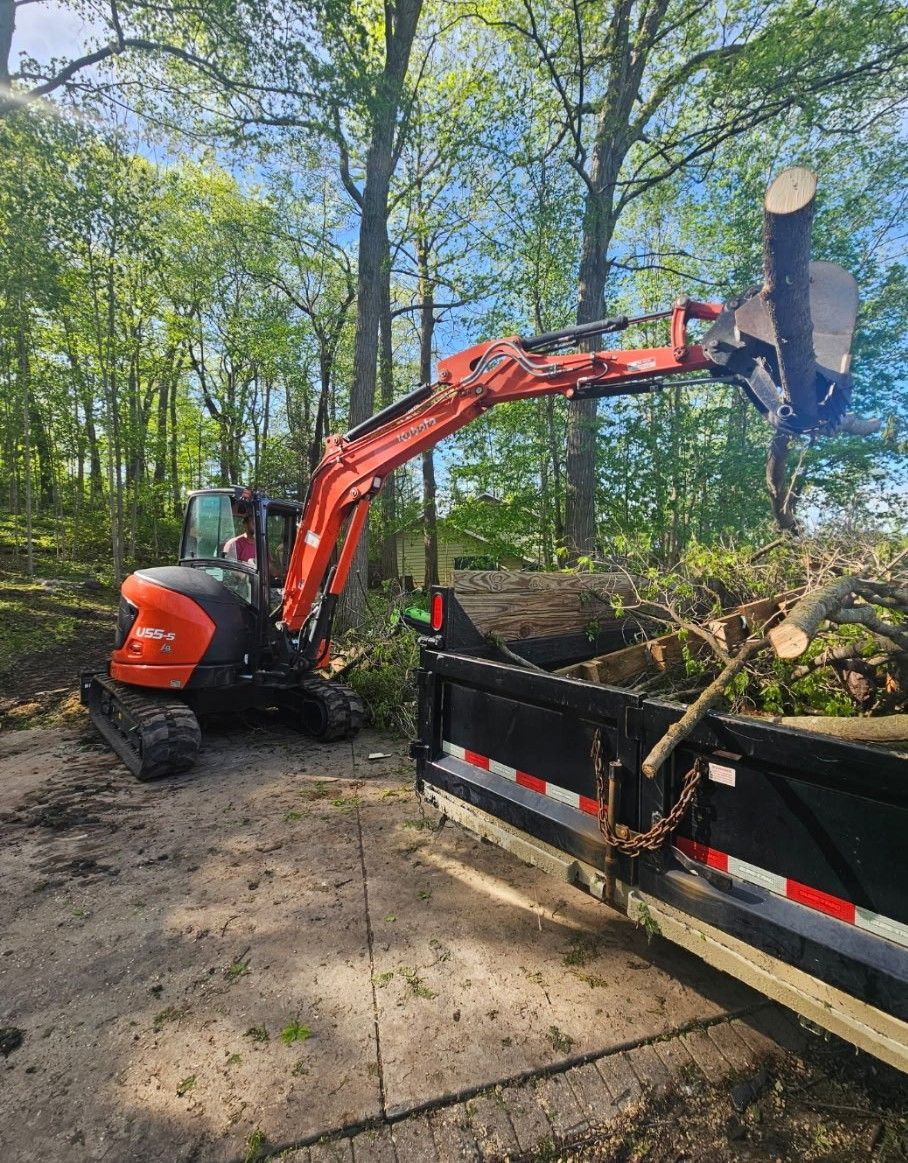 An orange Kubota excavator loads a cut tree limb into a black dump trailer in a wooded, sunlit setting.