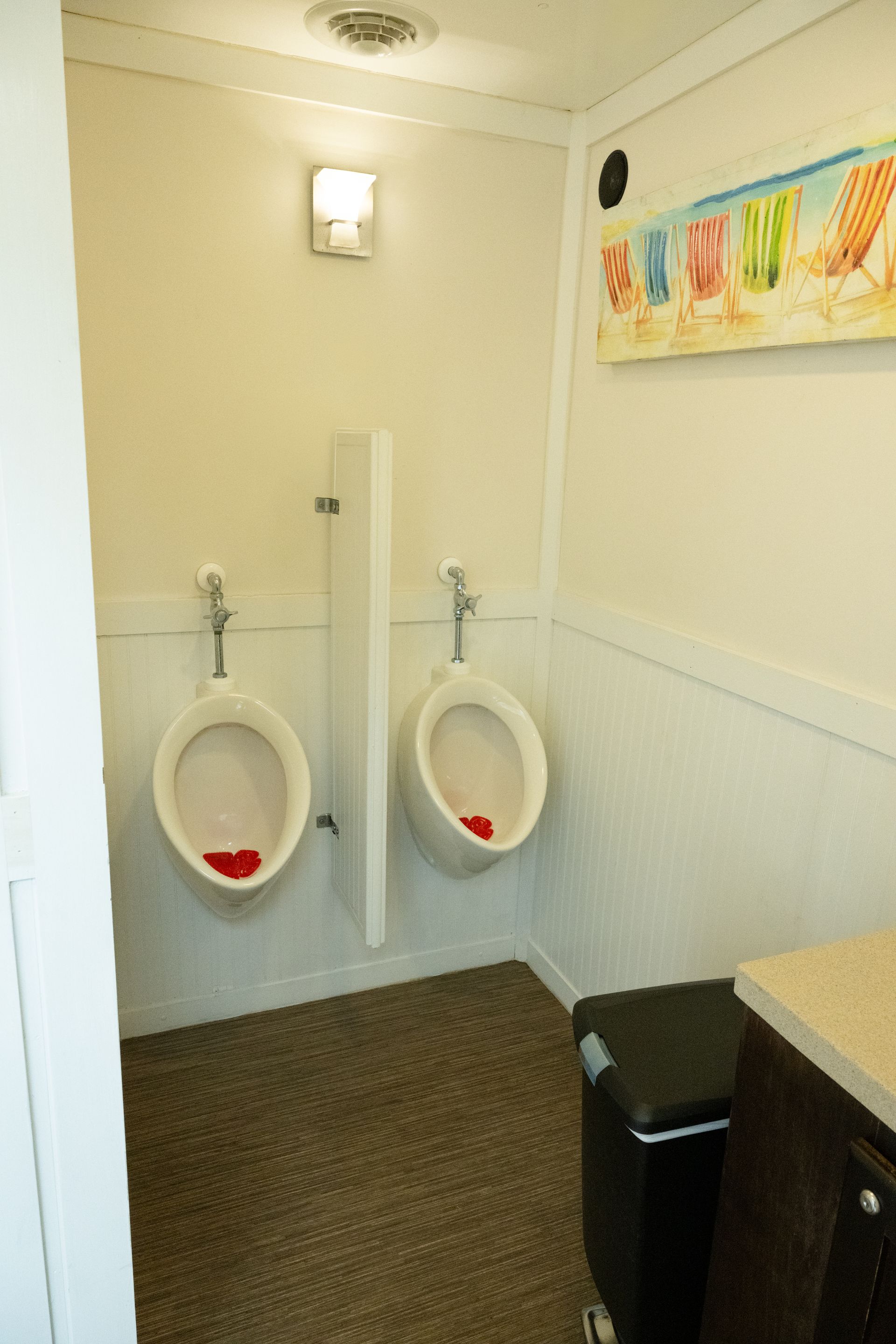 Two white urinals in a public restroom with a white partition between them. A picture of beach chairs hangs on the wall.