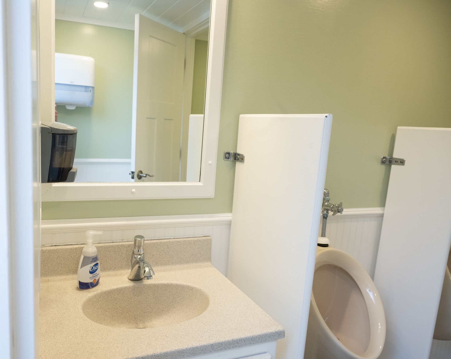 Bathroom interior with sink, toilet, and mirror; walls are green.