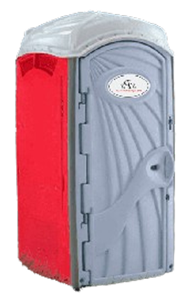 A portable toilet unit featuring a red side panel, grey door with decorative detailing, and a light grey roof.