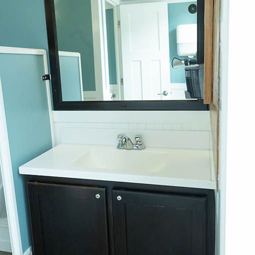 Bathroom vanity with white sink, dark cabinets, and a large mirror against teal walls
