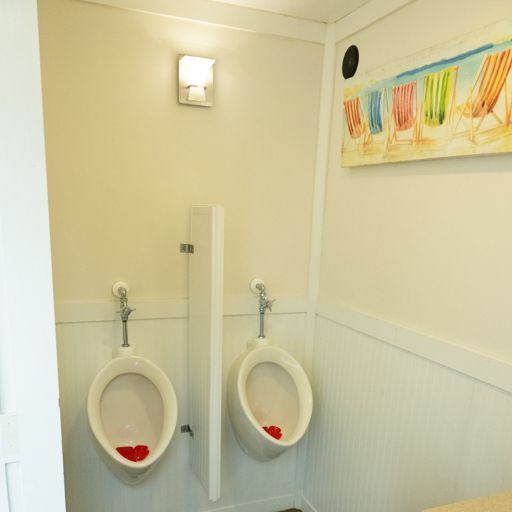 Two white urinals in a cream-tiled restroom with a colorful abstract wall painting above.