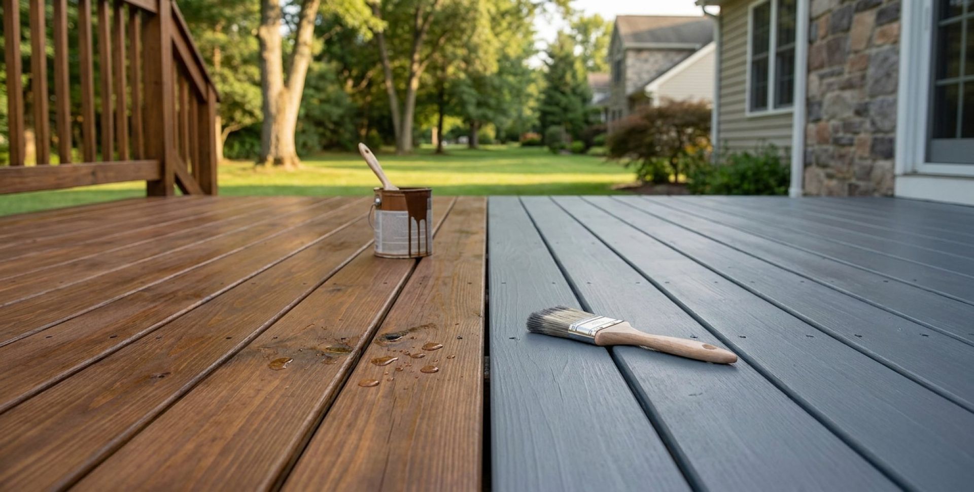 Wooden deck with two stain samples, showing brown and gray finishes beside a house and yard.