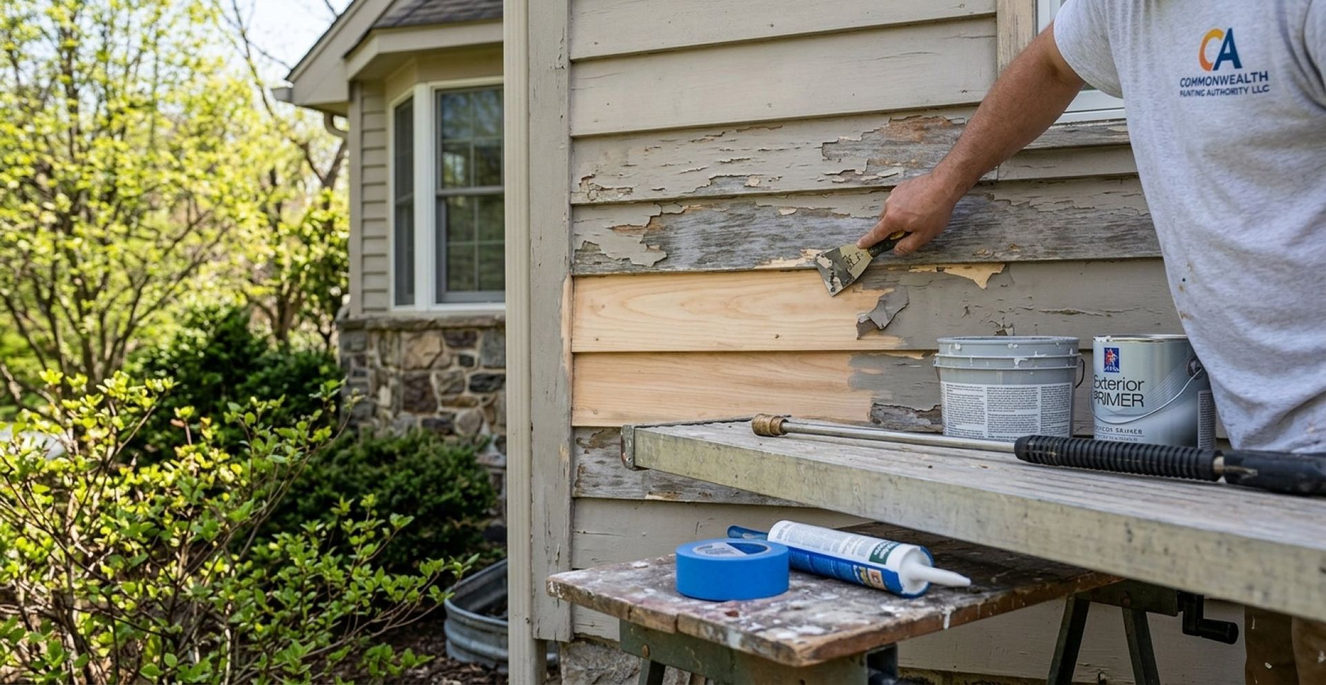 Person repairing weathered house siding beside a window and workbench with tools