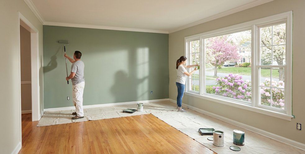 Two people painting a pale green wall in a bright living room with hardwood floors and large windows.
