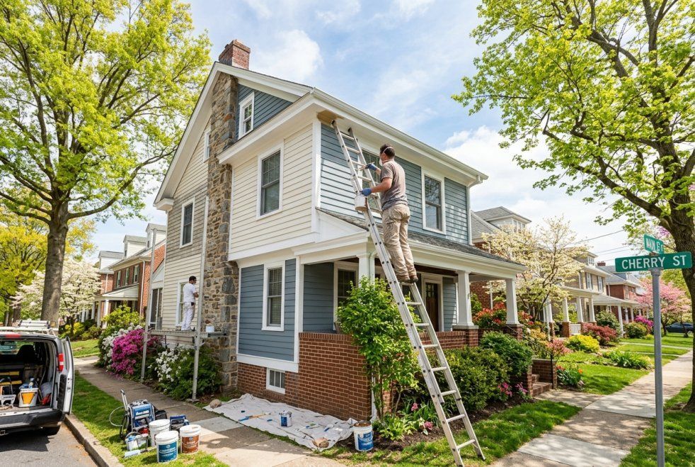 Worker on ladder painting a gray house with white trim in a leafy neighborhood