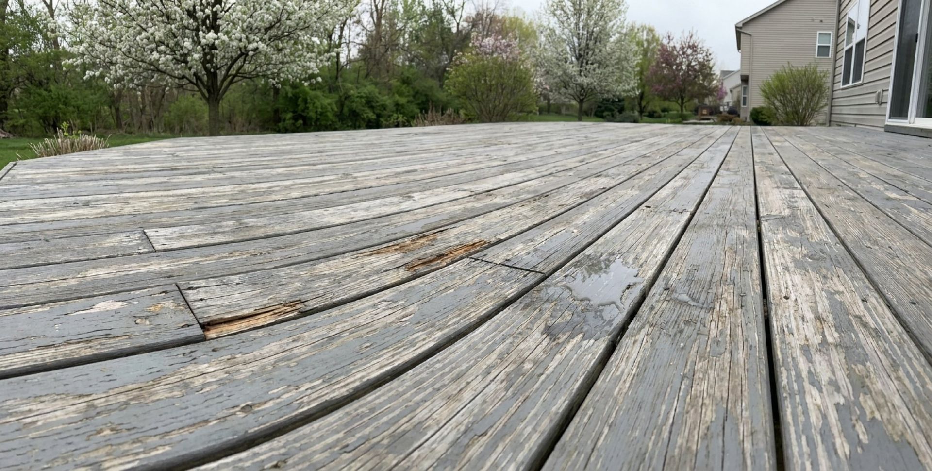 Weathered gray wooden deck with warped boards beside a house and trees in the background