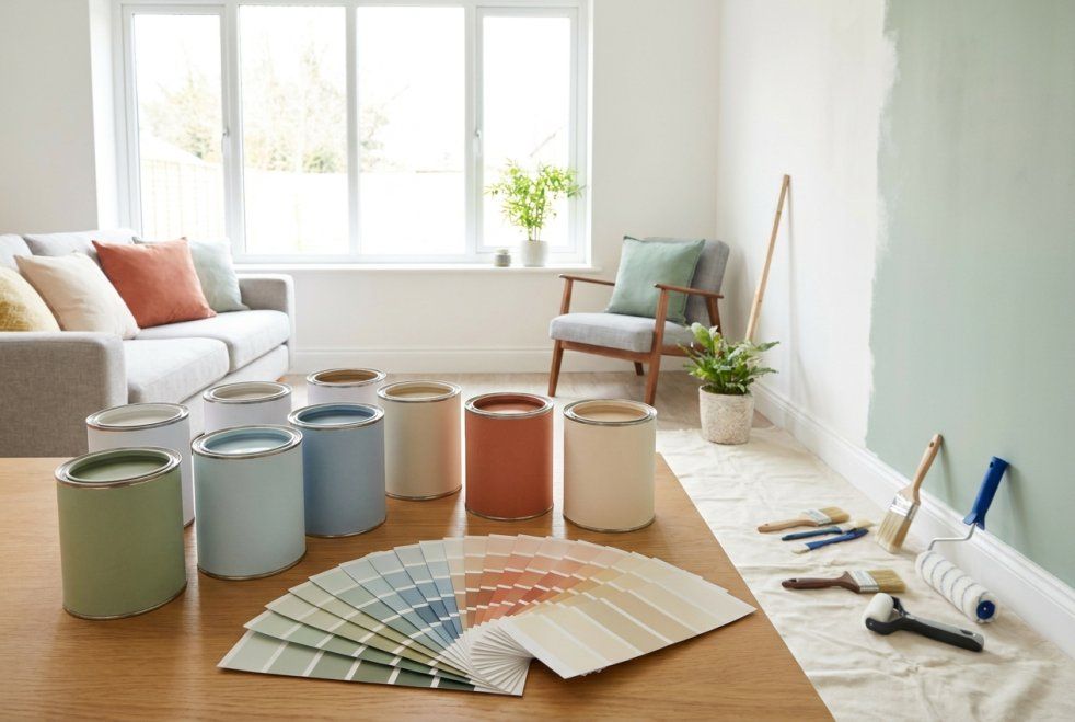 Paint samples and brushes in a bright room with a sofa, chair, and window, suggesting home decorating
