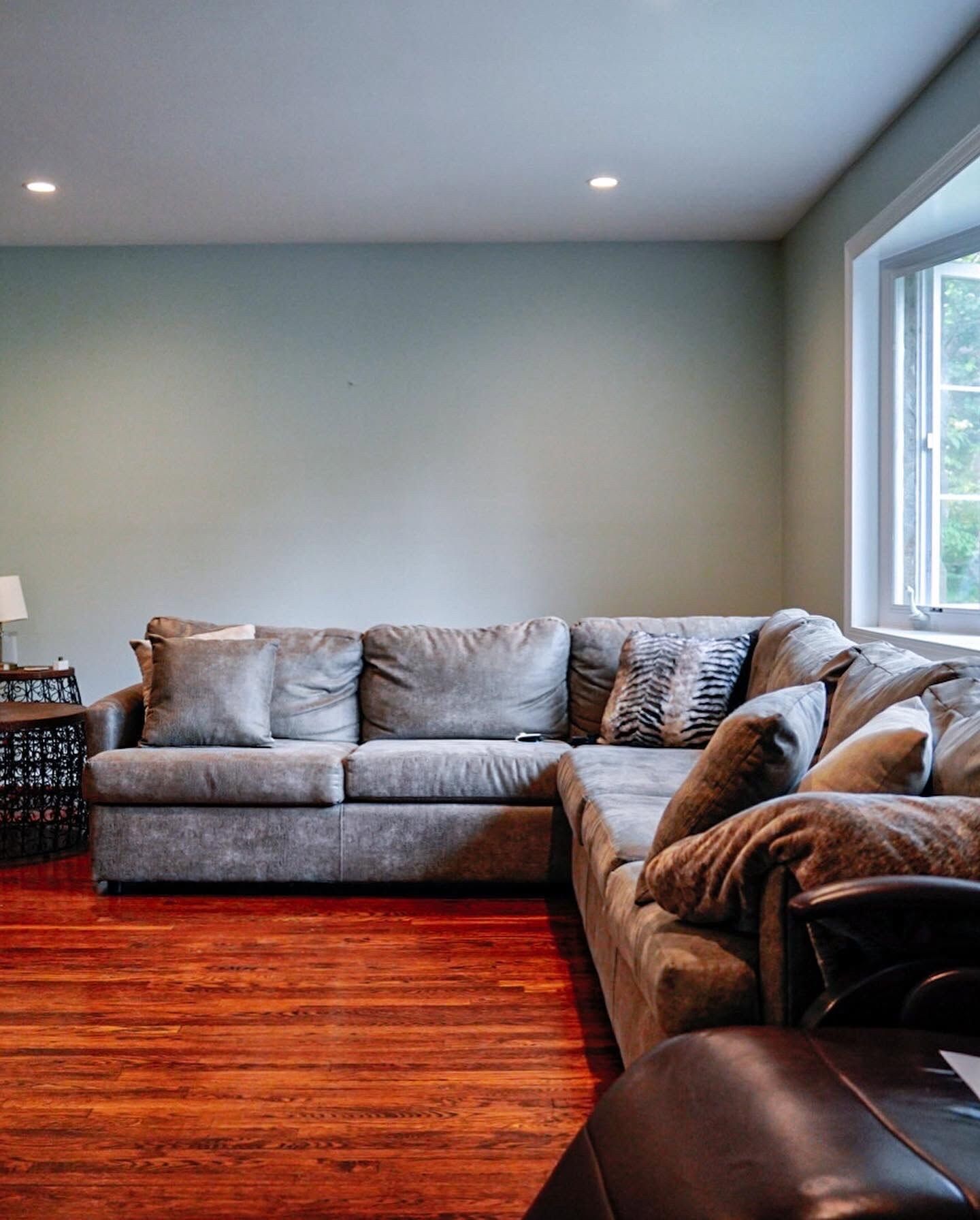 Modern living room with gray sectional sofas, dark leather chair, hardwood floor, and a large window