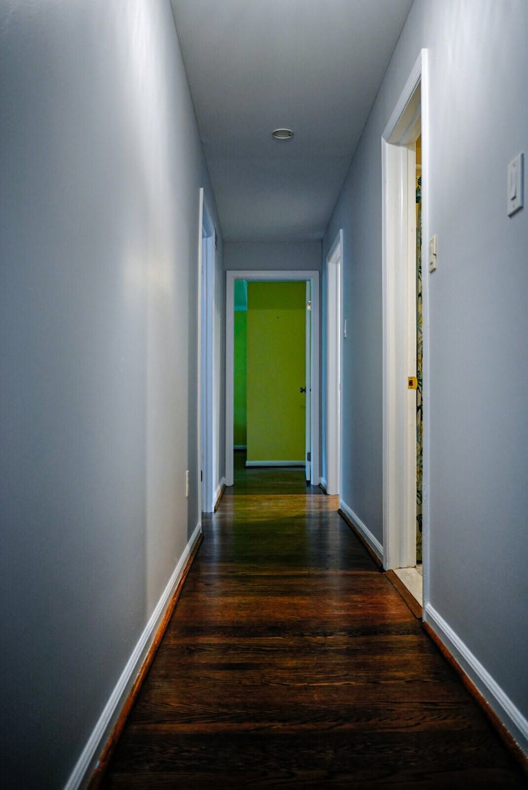 Narrow hallway with white walls, dark wood floor, and a green door at the far end.