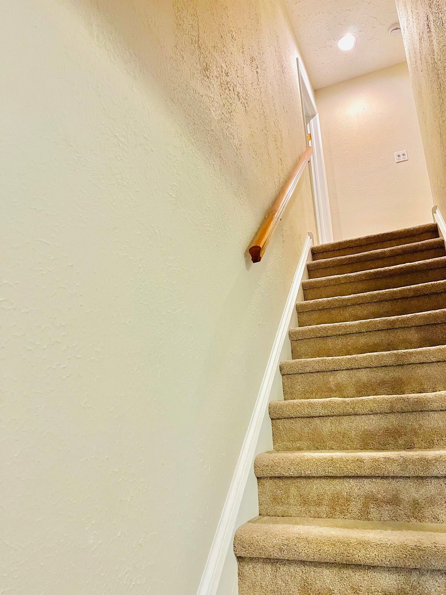 Carpeted stairwell with beige walls and a wooden handrail, viewed from below.