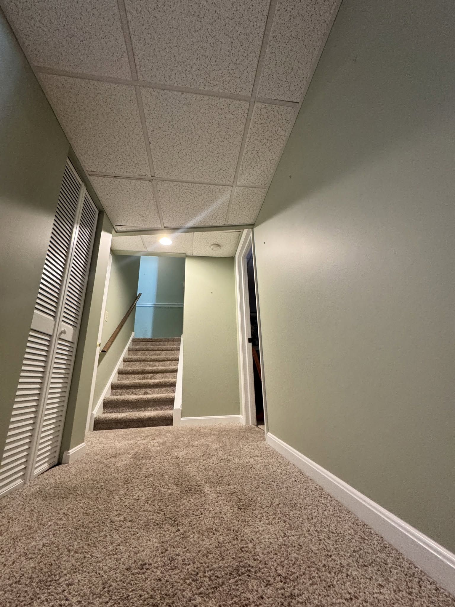 Carpeted hallway with stairs leading up, beige walls, and a ceiling light at the far end