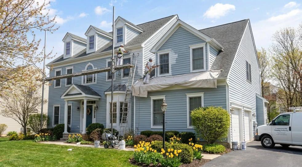 Blue-gray suburban house with white trim, front porch, green lawn, and a white van in the driveway