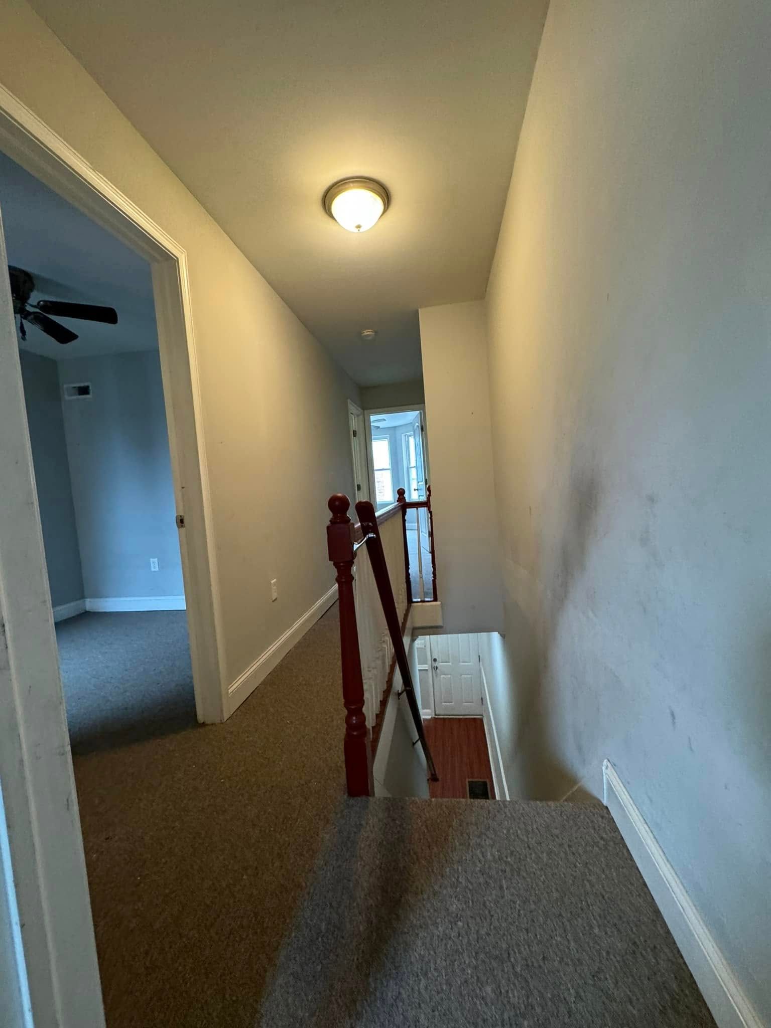 Narrow carpeted hallway with red railing, ceiling light, and stairs leading down to a bright doorway.