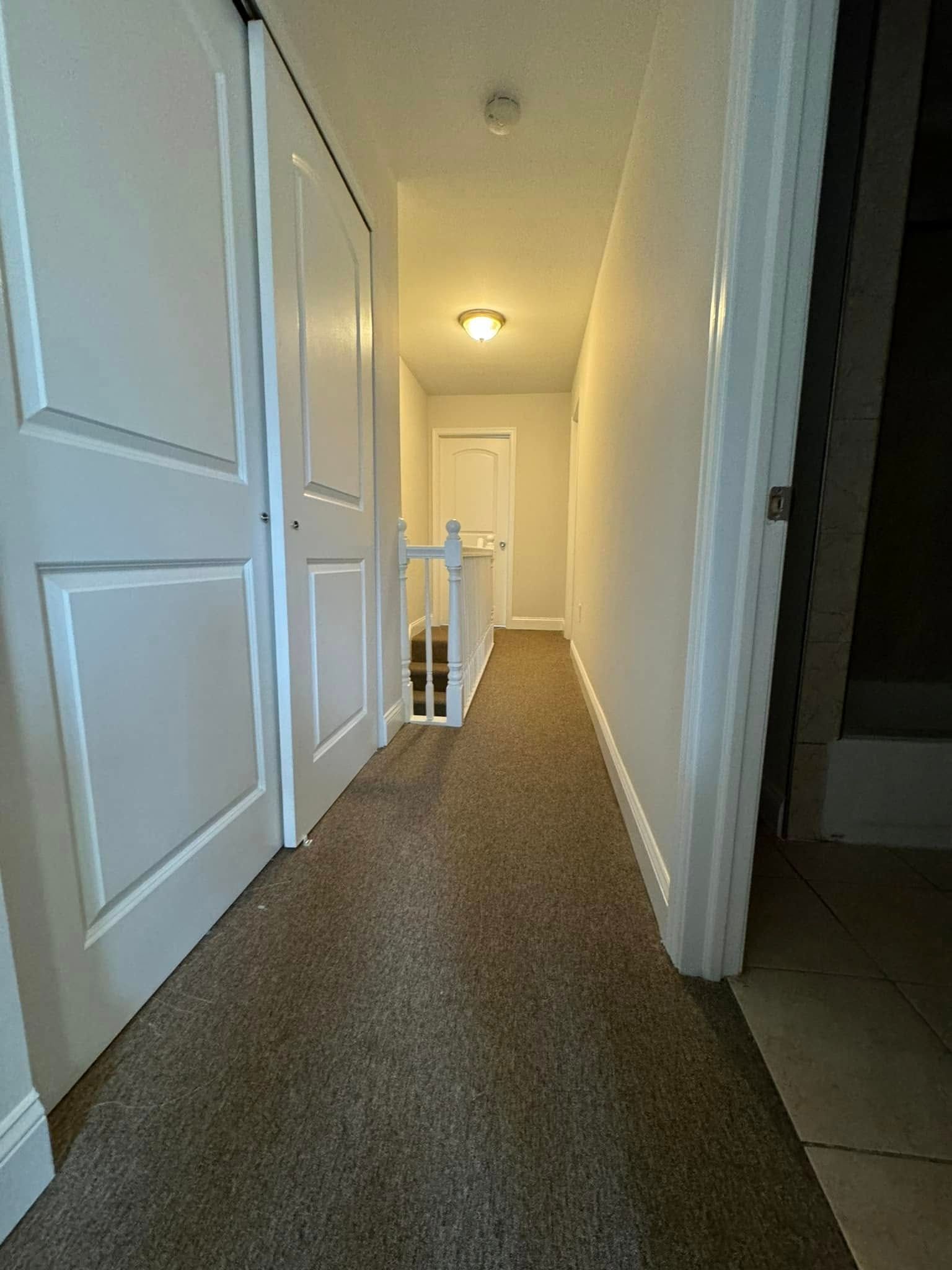 Narrow carpeted hallway with white doors, railing, and warm ceiling lights leading to a doorway