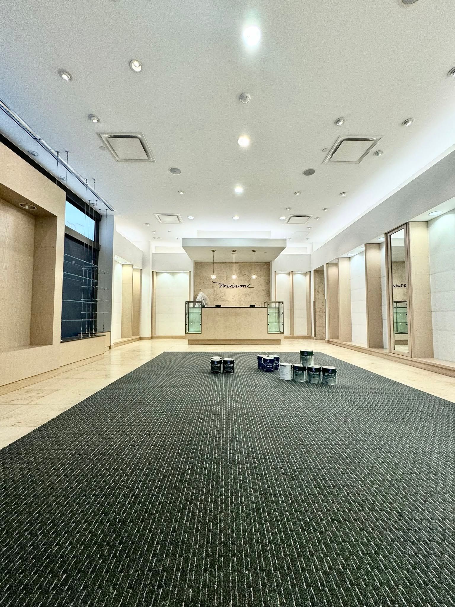 Empty modern lobby with patterned carpet, recessed ceiling lights, and a reception desk at the back