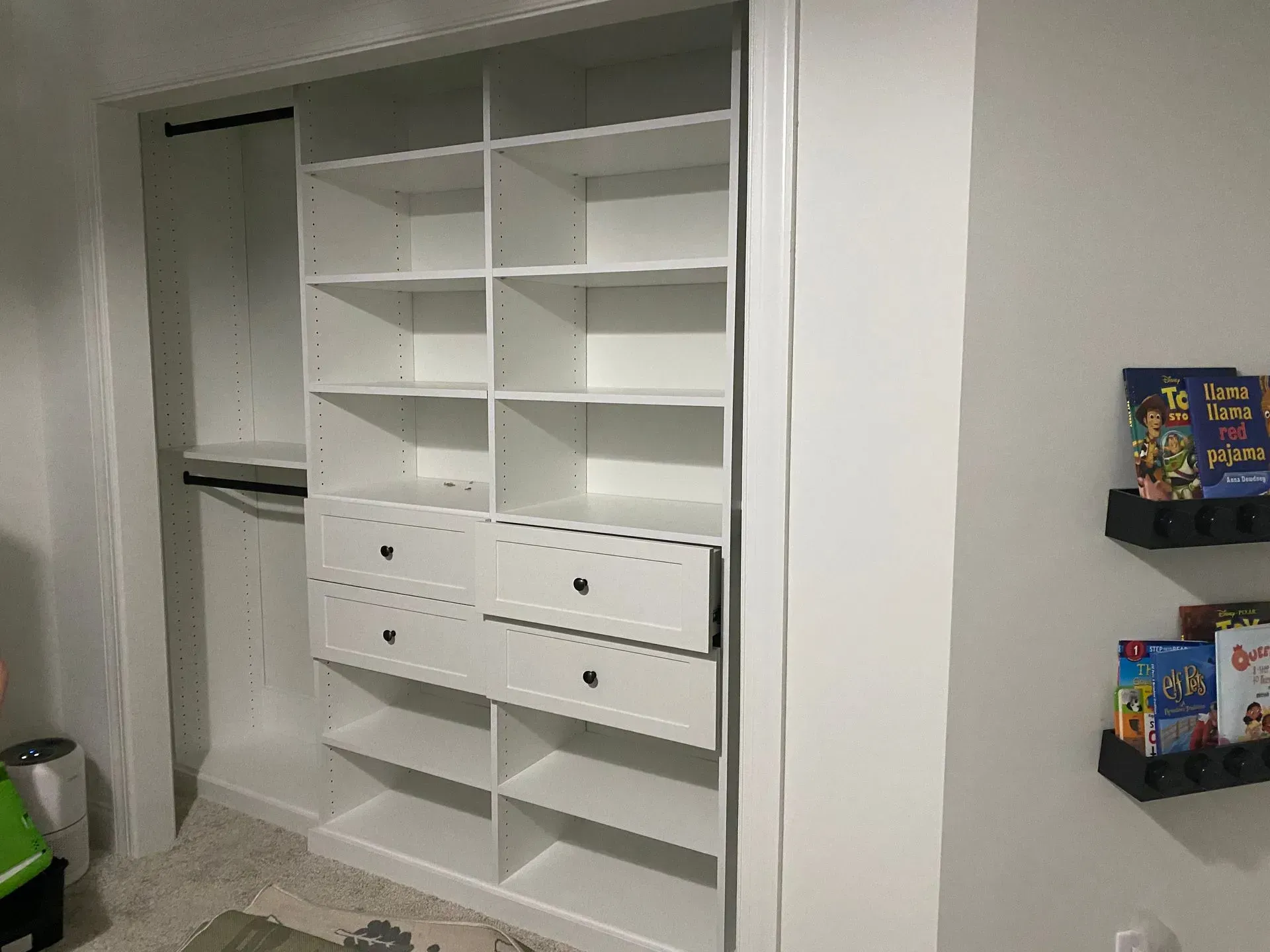 White closet with shelves, drawers, and a hanging rod; books on wall.
