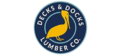 Logo for Decks & Docks Lumber Co., featuring a yellow pelican inside a blue circular emblem with white text.