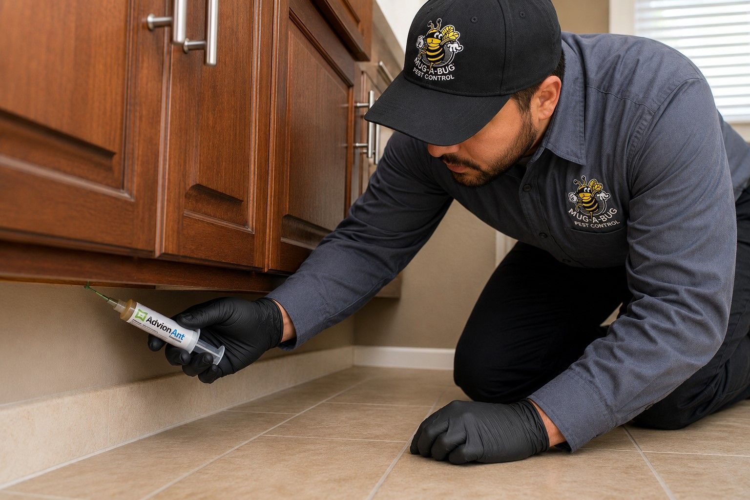 Pest control worker inspecting under kitchen cabinets with a flashlight and probe