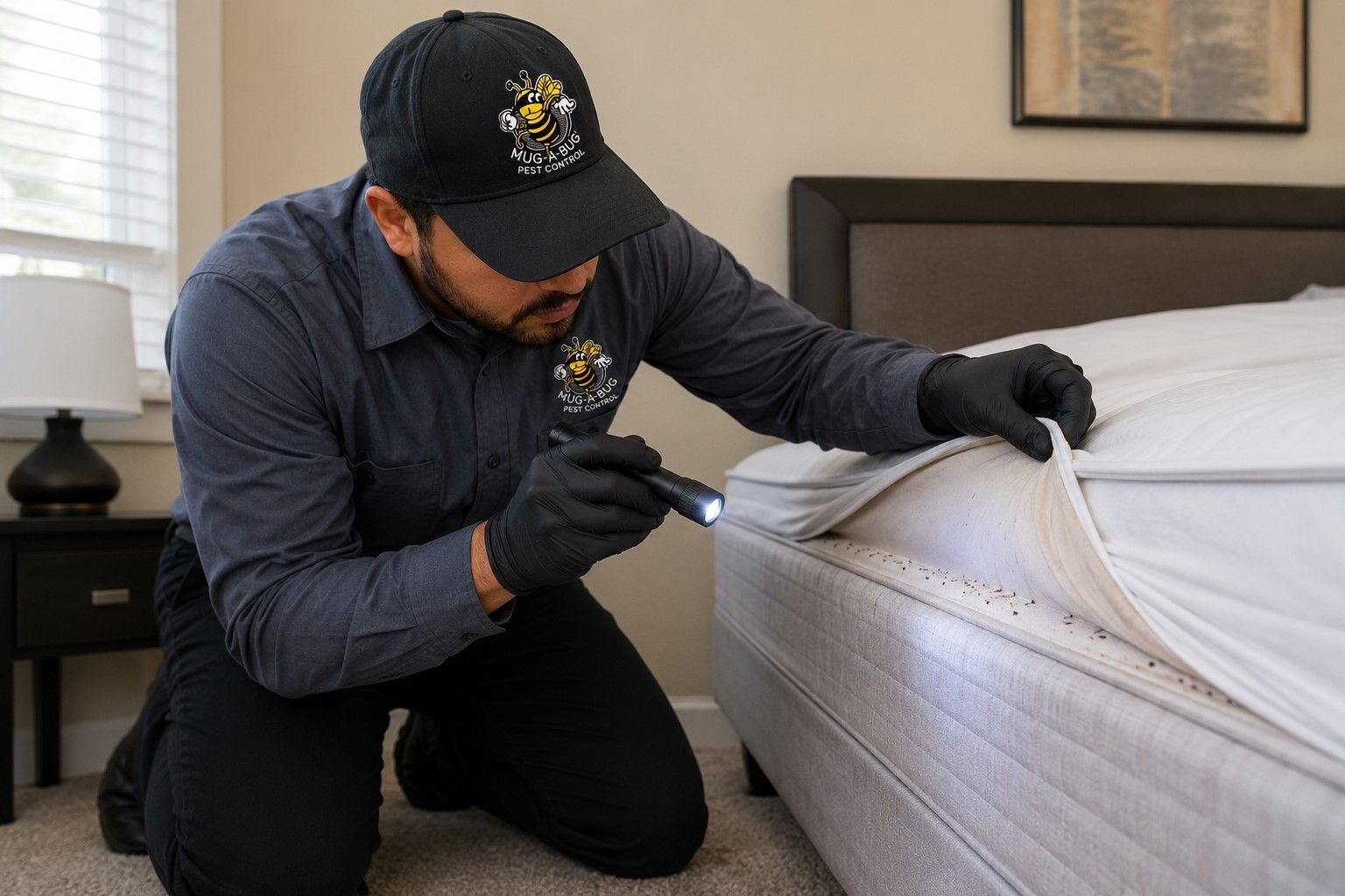Technician inspecting a mattress seam with a flashlight in a bedroom