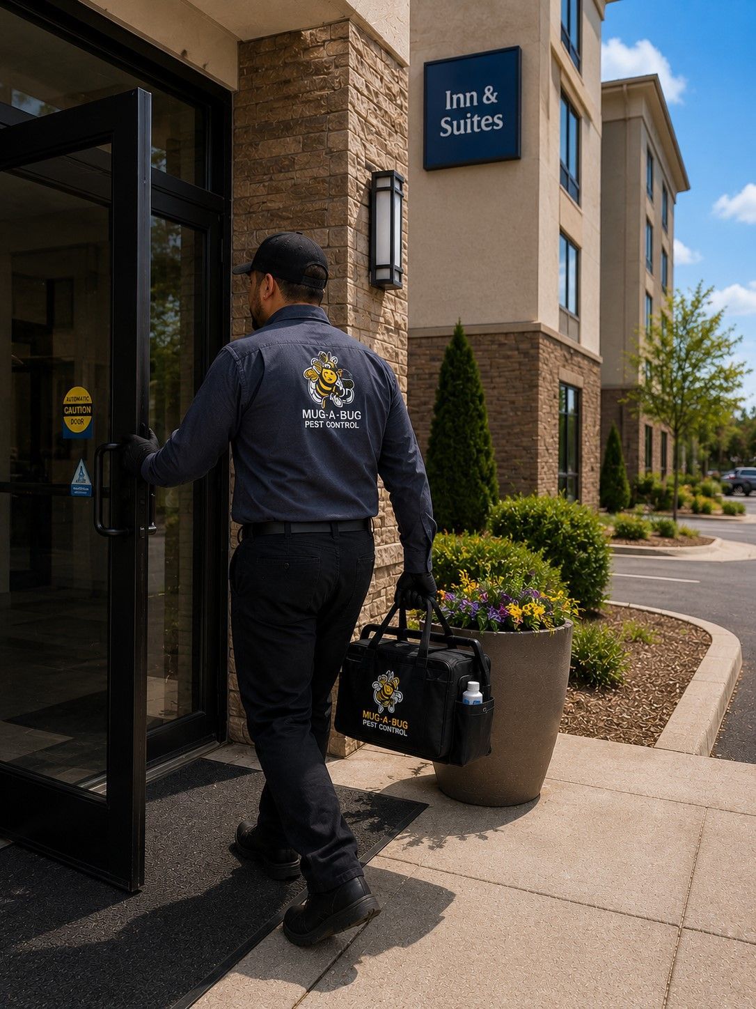 Person walking into a hotel entrance with a black bag, beside a sign and potted plants.