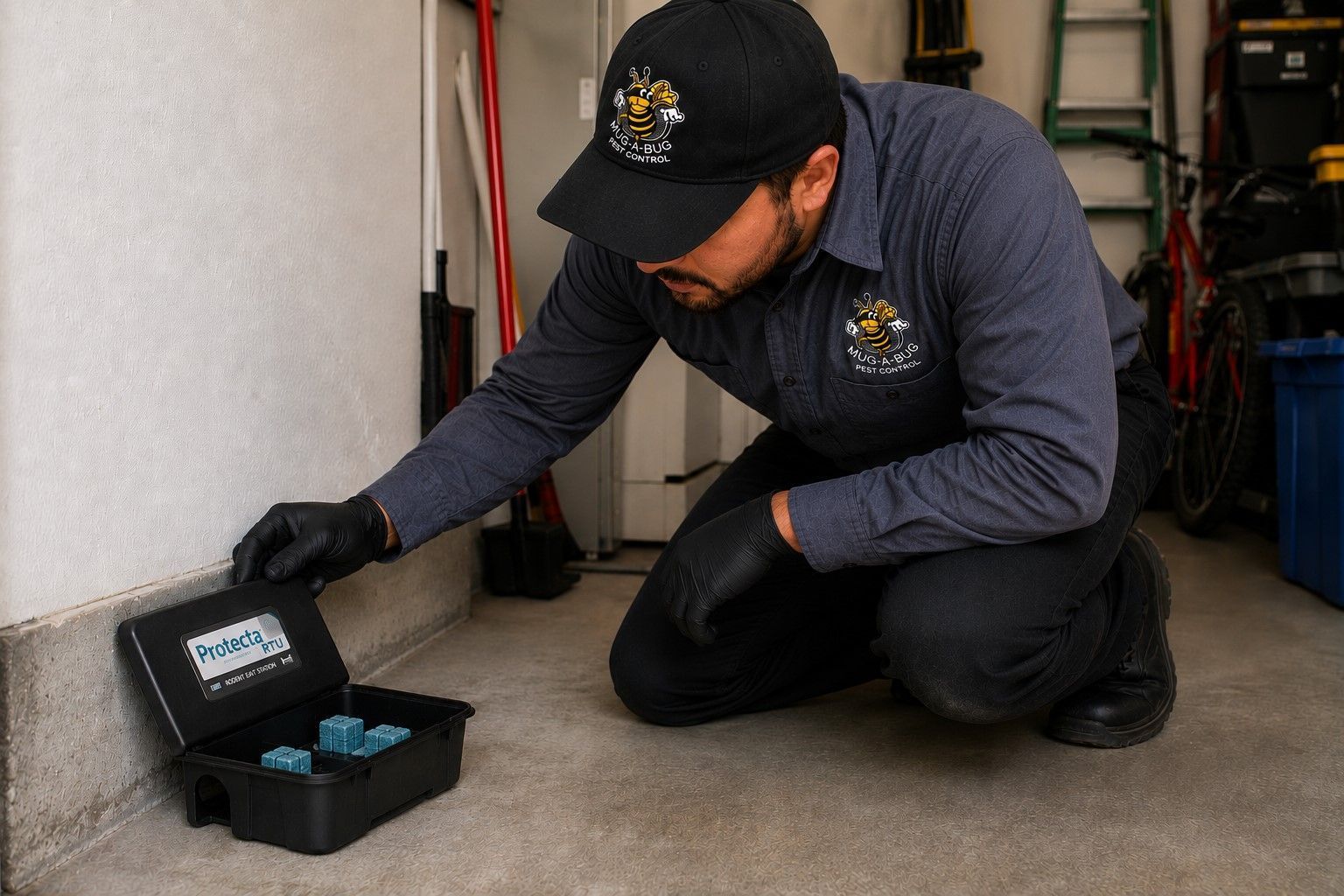 Worker kneeling beside an open black case, handling blue components on a garage floor.
